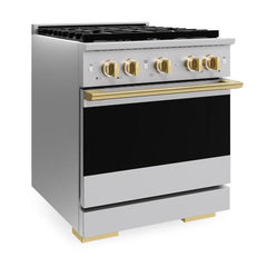 ZLINE Autograph Edition 30 in. 4.2 cu. ft. Marino Gas Range with 4 Burner DuoPro™ Cooktop and Convection Gas Oven in Stainless Steel with Polished Gold Accents - PMGRZ-30-G - The Home Selection
