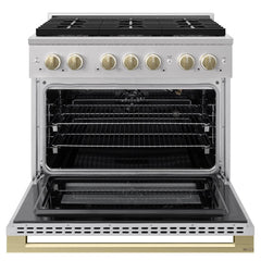 ZLINE Autograph Edition 36 in. 5.2 cu. ft. Marino Gas Range with 6 Burner DuoPro™ Cooktop and Convection Gas Oven in Stainless Steel and Champagne Bronze Accents - PMGRZ-36-CB - The Home Selection