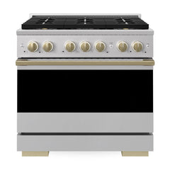ZLINE Autograph Edition 36 in. 5.2 cu. ft. Marino Gas Range with 6 Burner DuoPro™ Cooktop and Convection Gas Oven in Stainless Steel and Champagne Bronze Accents - PMGRZ-36-CB - The Home Selection