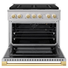 ZLINE Autograph Edition 36 in. 5.2 cu. ft. Marino Gas Range with 6 Burner DuoPro™ Cooktop and Convection Gas Oven in Stainless Steel and Polished Gold Accents - PMGRZ-36-G - The Home Selection