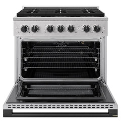 ZLINE Autograph Edition 36 in. 5.2 cu. ft. Marino Gas Range with 6 Burner DuoPro™ Cooktop and Convection Gas Oven in Stainless Steel and Matte Black Accents - PMGRZ-36-MB - The Home Selection