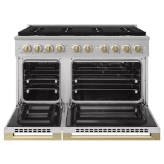 ZLINE Autograph Edition 48 in. 6.7 cu. ft. Marino Gas Range with 8 Burner DuoPro™ Cooktop and Dual Ovens in Stainless Steel and Champagne Bronze Accents - PMGRZ-48-CB - The Home Selection
