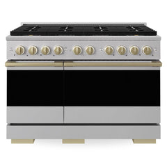 ZLINE Autograph Edition 48 in. 6.7 cu. ft. Marino Gas Range with 8 Burner DuoPro™ Cooktop and Dual Ovens in Stainless Steel and Champagne Bronze Accents - PMGRZ-48-CB - The Home Selection