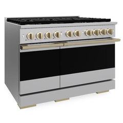 ZLINE Autograph Edition 48 in. 6.7 cu. ft. Marino Gas Range with 8 Burner DuoPro™ Cooktop and Dual Ovens in Stainless Steel and Champagne Bronze Accents - PMGRZ-48-CB - The Home Selection