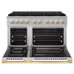ZLINE Autograph Edition 48 in. 6.7 cu. ft. Marino Gas Range with 8 Burner DuoPro™ Cooktop and Dual Ovens in Stainless Steel and Polished Gold Accents - PMGRZ-48-G - The Home Selection