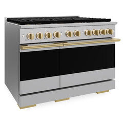 ZLINE Autograph Edition 48 in. 6.7 cu. ft. Marino Gas Range with 8 Burner DuoPro™ Cooktop and Dual Ovens in Stainless Steel and Polished Gold Accents - PMGRZ-48-G - The Home Selection