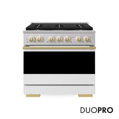 ZLINE Autograph Edition 36 in. 5.2 cu. ft. Marino Gas Range with 6 Burner DuoPro™ Cooktop and Convection Gas Oven with White Matte Door and Polished Gold Accents - PMGRZ-WM-36-G - The Home Selection
