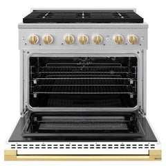 ZLINE Autograph Edition 36 in. 5.2 cu. ft. Marino Gas Range with 6 Burner DuoPro™ Cooktop and Convection Gas Oven with White Matte Door and Polished Gold Accents - PMGRZ-WM-36-G - The Home Selection
