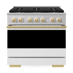 ZLINE Autograph Edition 36 in. 5.2 cu. ft. Marino Gas Range with 6 Burner DuoPro™ Cooktop and Convection Gas Oven with White Matte Door and Polished Gold Accents - PMGRZ-WM-36-G - The Home Selection