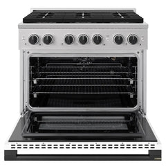ZLINE Autograph Edition 36 in. 5.2 cu. ft. Marino Gas Range with 6 Burner DuoPro™ Cooktop and Convection Gas Oven with White Matte Door and Matte Black Accents - PMGRZ-WM-36-MB - The Home Selection
