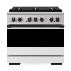 ZLINE Autograph Edition 36 in. 5.2 cu. ft. Marino Gas Range with 6 Burner DuoPro™ Cooktop and Convection Gas Oven with White Matte Door and Matte Black Accents - PMGRZ-WM-36-MB - The Home Selection