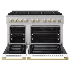 ZLINE Autograph Edition 48 in. 6.7 cu. ft. Marino Gas Range with 8 Burner DuoPro™ Cooktop and Dual Ovens with White Matte Doors and Champagne Bronze Accents - PMGRZ-WM-48-CB - The Home Selection