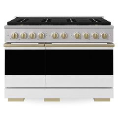 ZLINE Autograph Edition 48 in. 6.7 cu. ft. Marino Gas Range with 8 Burner DuoPro™ Cooktop and Dual Ovens with White Matte Doors and Champagne Bronze Accents - PMGRZ-WM-48-CB - The Home Selection