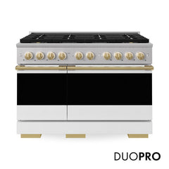 ZLINE Autograph Edition 48 in. 6.7 cu. ft. Marino Gas Range with 8 Burner DuoPro™ Cooktop and Dual Ovens with White Matte Doors and Polished Gold Accents - PMGRZ-WM-48-G - The Home Selection