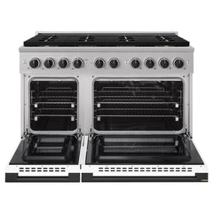 ZLINE Autograph Edition 48 in. 6.7 cu. ft. Marino Gas Range with 8 Burner DuoPro™ Cooktop and Dual Ovens with White Matte Doors and Matte Black Accents - PMGRZ-WM-48-MB - The Home Selection
