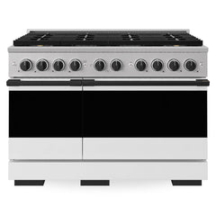 ZLINE Autograph Edition 48 in. 6.7 cu. ft. Marino Gas Range with 8 Burner DuoPro™ Cooktop and Dual Ovens with White Matte Doors and Matte Black Accents - PMGRZ-WM-48-MB - The Home Selection