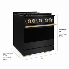 ZLINE Autograph Edition 30 in. 4.2 cu. ft. Marino Dual Fuel Range with 4 Burner Gas Cooktop and Electric Convection Oven in Black Stainless Steel with Champagne Bronze Accents - MDRBZ-30-CB - The Home Selection