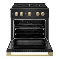 ZLINE Autograph Edition 30 in. 4.2 cu. ft. Marino Dual Fuel Range with 4 Burner Gas Cooktop and Electric Convection Oven in Black Stainless Steel with Champagne Bronze Accents - MDRBZ-30-CB - The Home Selection