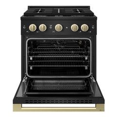 ZLINE Autograph Edition 30 in. 4.2 cu. ft. Marino Gas Range with 4 Burner Cooktop and Convection Gas Oven in Black Stainless Steel and Champagne Bronze Accents - MGRBZ-30-CB - The Home Selection