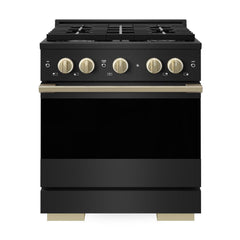 ZLINE Autograph Edition 30 in. 4.2 cu. ft. Marino Gas Range with 4 Burner Cooktop and Convection Gas Oven in Black Stainless Steel and Champagne Bronze Accents - MGRBZ-30-CB - The Home Selection