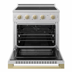 ZLINE Autograph Edition 30 in. 4.2 cu. ft. Marino Induction Range with 4 Element Cooktop and Electric Convection Oven in Satin Stainless Steel with Champagne Bronze Accents - MINRSZ-30-CB - The Home Selection