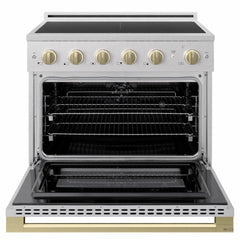 ZLINE Autograph Edition 36 in. 5.2 cu. ft. Marino Induction Range with 5 Element Cooktop and Electric Convection Oven in Satin Stainless Steel with Champagne Bronze Accents - MINRSZ-36-CB - The Home Selection