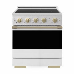 ZLINE Autograph Edition 30 in. 4.2 cu. ft. Marino Induction Range with 4 Element Cooktop and Electric Convection Oven in Satin Stainless Steel with White Matte Door and Champagne Bronze Accents - MINRSZ-WM-30-CB - The Home Selection