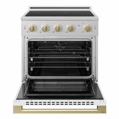 ZLINE Autograph Edition 30 in. 4.2 cu. ft. Marino Induction Range with 4 Element Cooktop and Electric Convection Oven in Satin Stainless Steel with White Matte Door and Champagne Bronze Accents - MINRSZ-WM-30-CB - The Home Selection