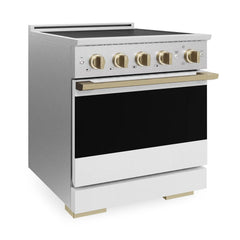 ZLINE Autograph Edition 30 in. 4.2 cu. ft. Marino Induction Range with 4 Element Cooktop and Electric Convection Oven in Satin Stainless Steel with White Matte Door and Champagne Bronze Accents - MINRSZ-WM-30-CB - The Home Selection