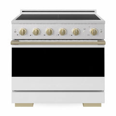 ZLINE Autograph Edition 36 in. 5.2 cu. ft. Marino Induction Range with 5 Element Cooktop and Electric Convection Oven in Satin Stainless Steel with White Matte Door and Champagne Bronze Accents - MINRSZ-WM-36-CB - The Home Selection