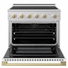 ZLINE Autograph Edition 36 in. 5.2 cu. ft. Marino Induction Range with 5 Element Cooktop and Electric Convection Oven in Satin Stainless Steel with White Matte Door and Champagne Bronze Accents - MINRSZ-WM-36-CB - The Home Selection