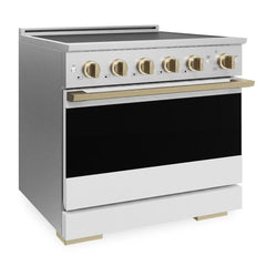 ZLINE Autograph Edition 36 in. 5.2 cu. ft. Marino Induction Range with 5 Element Cooktop and Electric Convection Oven in Satin Stainless Steel with White Matte Door and Champagne Bronze Accents - MINRSZ-WM-36-CB - The Home Selection