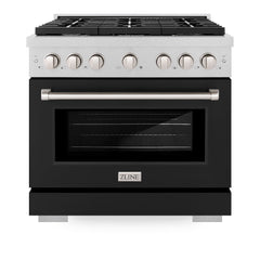 ZLINE 36 in. 5.2 cu. ft. Paramount Dual Fuel Range with 6 Burner Gas Cooktop and Electric Convection Oven in Satin Stainless Steel with Black Matte Door - SDRS-BLM-36