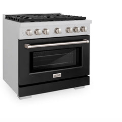 ZLINE 36 in. 5.2 cu. ft. Paramount Dual Fuel Range with 6 Burner Gas Cooktop and Electric Convection Oven in Satin Stainless Steel with Black Matte Door - SDRS-BLM-36