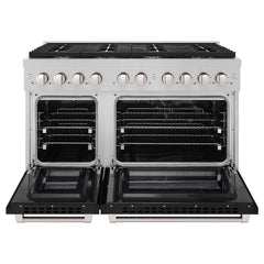 ZLINE 48 in. 6.7 cu. ft. Paramount Double Oven Dual Fuel Range with 8 Burner Gas Cooktop in Satin Stainless Steel with Black Matte Doors - SDRS-BLM-48