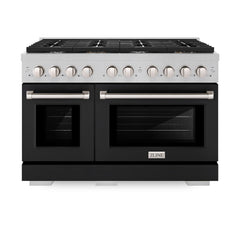 ZLINE 48 in. 6.7 cu. ft. Paramount Double Oven Dual Fuel Range with 8 Burner Gas Cooktop in Satin Stainless Steel with Black Matte Doors - SDRS-BLM-48