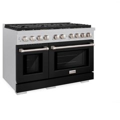ZLINE 48 in. 6.7 cu. ft. Paramount Double Oven Dual Fuel Range with 8 Burner Gas Cooktop in Satin Stainless Steel with Black Matte Doors - SDRS-BLM-48