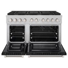 ZLINE 48 in. 6.7 cu. ft. Paramount Double Oven Gas Range with 8 Burner Cooktop in Satin Stainless Steel with Black Matte Doors - SGRS-BLM-48