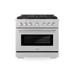 ZLINE 36 in. 5.2 cu. ft. Paramount Dual Fuel Range with Gas Cooktop and Electric Convection Oven in Satin Stainless Steel with 6 Brass Burners - SDRS-BR-36