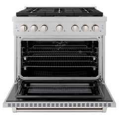 ZLINE 36 in. 5.2 cu. ft. Paramount Dual Fuel Range with Gas Cooktop and Electric Convection Oven in Satin Stainless Steel with 6 Brass Burners - SDRS-BR-36