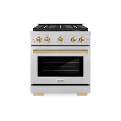 ZLINE 30 in. 4.2 cu. ft. Paramount Dual Fuel Range with 4 Burner DuoPr - Satin Stainless Steel with Polished Gold Accents