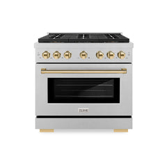 ZLINE 36 in. 5.2 cu. ft. Paramount Dual Fuel Range with 6 Burner DuoPr - Satin Stainless Steel with Polished Gold Accents