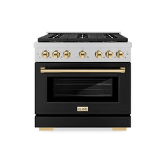 ZLINE 36 in. 5.2 cu. ft. Paramount Dual Fuel Range with 6 Burner DuoPr - Satin Stainless Steel with Black Matte Door, Polished Gold Accents