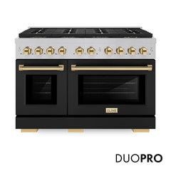 ZLINE 48 in. 6.7 cu. ft. Paramount Dual Fuel Range with 8 Burner DuoPr - Satin Stainless Steel with Black Matte Door, Polished Gold Accents