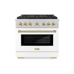 ZLINE 36 in. 5.2 cu. ft. Paramount Dual Fuel Range with 6 Burner DuoPr - Satin Stainless Steel with White Matte Door, Polished Gold Accents