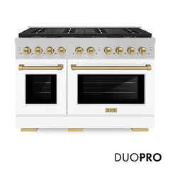 ZLINE 48 in. 6.7 cu. ft. Paramount Dual Fuel Range with 8 Burner DuoPr - Satin Stainless Steel with White Matte Door, Champagne Bronze Accents