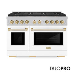 ZLINE 48 in. 6.7 cu. ft. Paramount Dual Fuel Range with 8 Burner DuoPr - Satin Stainless Steel with White Matte Door, Polished Gold Accents
