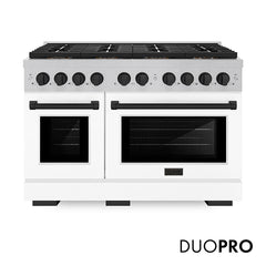 ZLINE 48 in. 6.7 cu. ft. Paramount Dual Fuel Range with 8 Burner DuoPr - Satin Stainless Steel with White Matte Door, Matte Black Accents