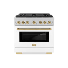 ZLINE 36 in. 5.2 cu. ft. Paramount Dual Fuel Range with 6 Burner DuoPr - Satin Stainless Steel with White Matte Door, Champagne Bronze Accents