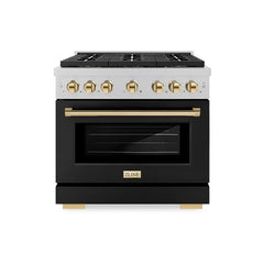 ZLINE 36 in. 5.2 cu. ft. Paramount Gas Range with 6 Burner DuoPro™ Coo - Satin Stainless Steel with Black Matte Door, Polished Gold Accents